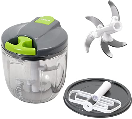 wenco Premium Zerkleinerer, 900 ml Fassungsvermögen, Manueller Gemüseschneider mit Ausgießer, 12,5 x 12,5 x 13,5 cm, Kunststoff/Edelstahl, Grau Grün Transparent