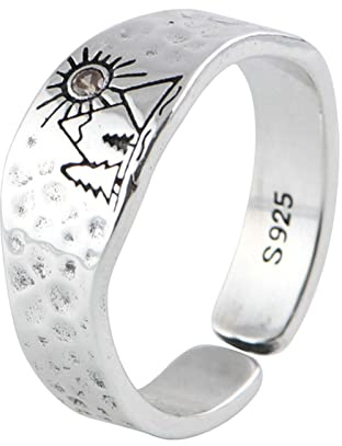 Ayoiow Silber Ringe Damen 925, Offener Ring Damen Silber 925 Sonnenbaum Berg Ring Silber Gold