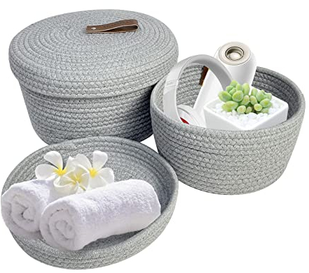 Yearonan Storage woven basket set of 2 -Storage baskets with lids-cotton rope basket-With leather buckle,suitable for bathroom, kitchen,