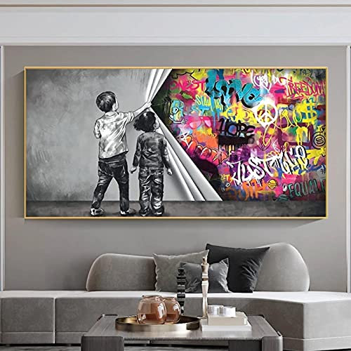 KDXAOBEI Banksy Art Graffiti-Leinwandgemälde „Hinter dem Vorhang“, Poster und Drucke, Wandkunst, Bilder für Wohnzimmerdekoration, 30 x 60 cm (12 x 24 Zoll), ohne Rahmen