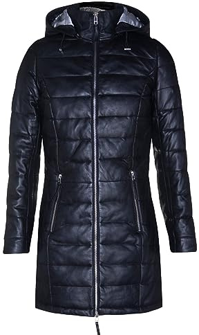 Infinity Leather Damen Schwarz Leder Puffer Jacke Gesteppt Überzieher Kapuze Trench Parka Mantel