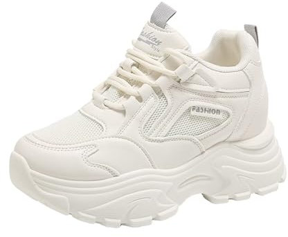 JAOOUU Sneaker Damen Outdoor Leicht Atmungsaktive Plateau Turnschuhe Laufschuhe Straßenlaufschuhe Freizeitschuhe Beige Weiss 38EU