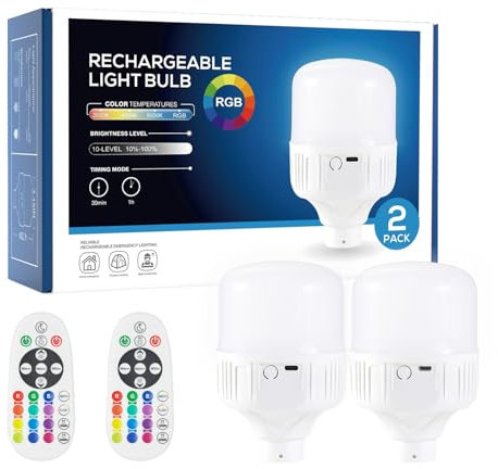 Rechargeable LED Bulbs Set of Two with Remote, 12 RGB Colors & 3 Light Modes, Dimmable Battery Operated Bulbs, 5200mAh, 10 Brightness Levels, Timer Function, f2 Pack for Bedroom, Living Room,