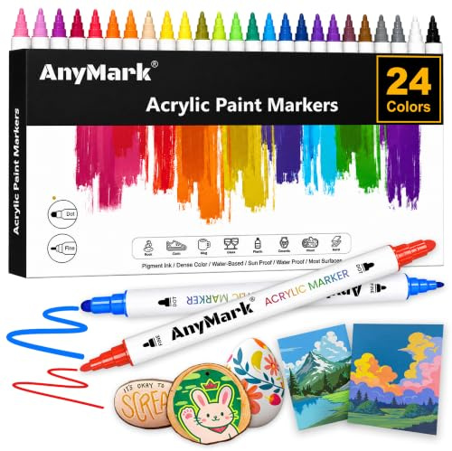 AnyMark 24 Farben Acrylstifte, Wasserfest Dot & Feine Spitze | 1-5mm Dual Tip Acrylmarker für Stein, Basteln, Holz, Eier, Leinwand, Keramik