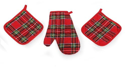Russo Tessuti Set 3 Pezzi Presine Guantone ARREDO Cucina Natalizi Natale Rosso Bianco -Scozzese