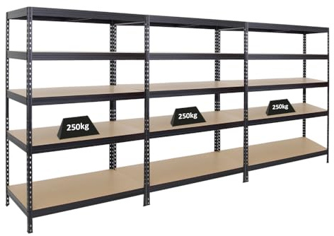 PROREGAL Mega Deal 3er-Set Schwerlastregal Rivet | HxBxT 180x120x60cm | Fachlast 250kg | Schwarz | Innovatives Stecksystem, Verzinkt, Garagenregal, Lagerregal, Kellerregal