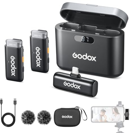 GODOX WES1 Kit2 Micrófono Lavalier inalámbrico, 2 transmisores, 1 receptor, base de carga, reducción de ruido inteligente, calidad de grabación de 48 kHz/16 bits, alcance de 200 m, para iPhone