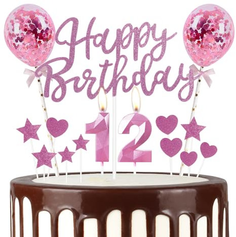 mciskin Pink 12th Birthday Decorations for Girl,3D Number 12 Candle for Cake,Pink Cake Toppers for Girl,Glitter Happy 12th Birthday Cake Toppers for Party Decorations Supplies