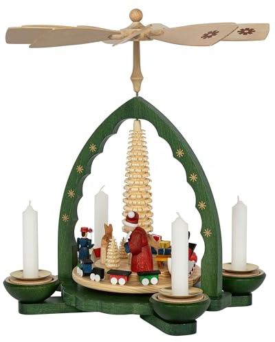 Richard Glaesser Pyramide Weihnachtsbescherung grün für Teelicht und Kerzen aus Seiffen im Erzgebirge