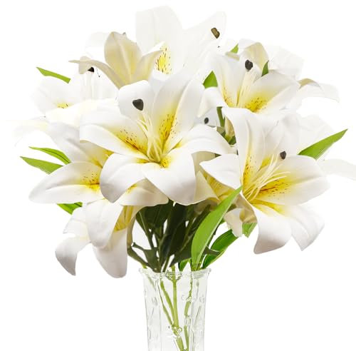 SNAIL GARDEN 11 gigli artificiali bianchi, gigli artificiali a stelo lungo, bouquet di giglio tigre per casa, hotel, composizioni floreali per feste (bianco giallo)