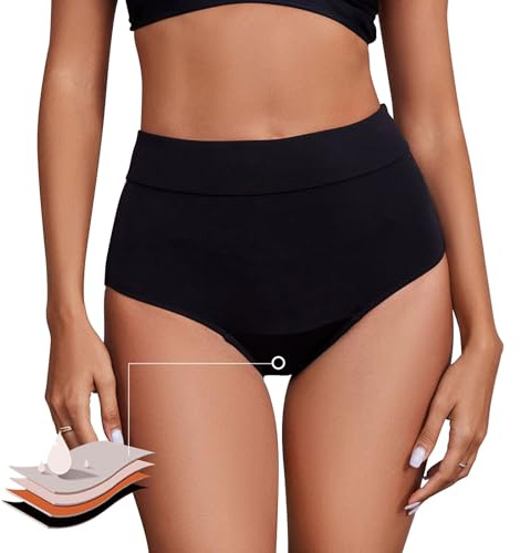 Runmeihe Period Pants for Swimming for Girls Teens Women, High Waisted Black Bikini Period Swimwear, Menstrual Leakproof Underwear, Swim Bottoms (UK, Alpha, XXL, Regular, Regular, Black-A)