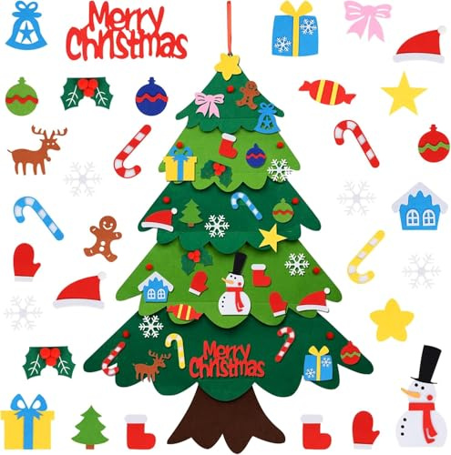 Flat Felt Christmas Tree Decorations, Kids Home DIY Felt Christmas Tree 3D Fake Christmas Tree 32Pcs Detachable Snowman Candy Ornaments Wall Decor for Kids Xmas Gift,Door Wall Decorations