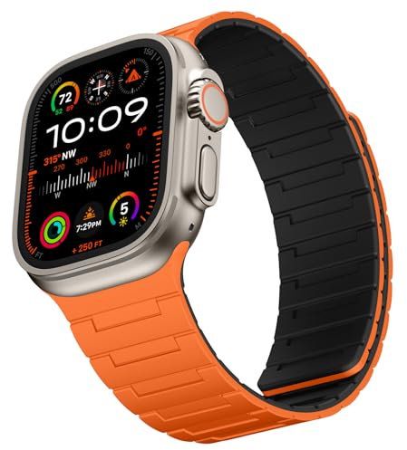 Suphart Starke Magnetische Armband Kompatibel mit Apple Watch Armband 49/46/45/44/42/41/40/38mm, Silikon Ersatzband für iWatch Ultra 2 SE Serie 10 9 8 7 6 5 4(49/46/45/44/42, Orange-Mitternacht)