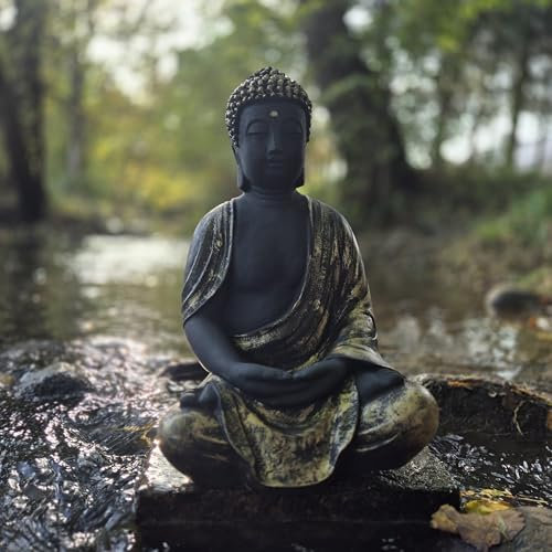 FABRIQ Groß Buddha Figur, Feng Shui, Steinguss Zen Garten, Deko Buddha, wetterfest, massiv, 38cm, 12kg – Gold-Schwarz, 38 cm(Gold)