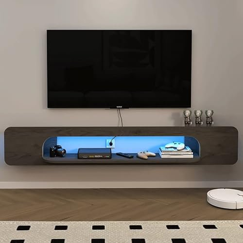 Console multimédia flottante moderne avec lumières LED et support mural de rangement ouvert pour salon étagère de rangement sous meuble TV.