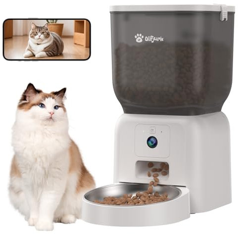 Olfjurk Automatic Dog Feeder with Camera, WiFi Cat Food Dispenser, Programmable Cat Feeder, HD Camera for Voice and Video Recording (White)