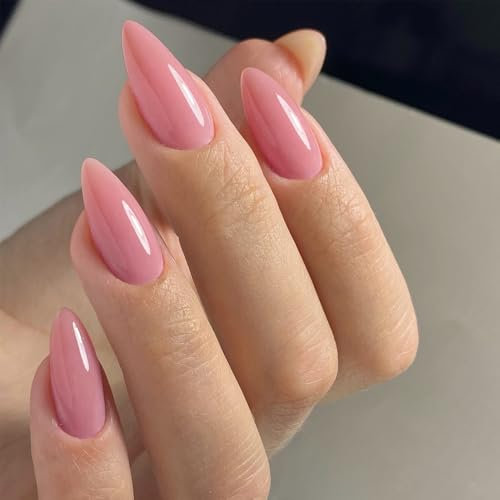 SXVME Rose Pink False Nails Medium, Acrylic Press on Nails Almond Solid Color Full Cover Fake Nails Medium Stiletto Stick on Nails for Women DIY Nail Art 24 Pcs