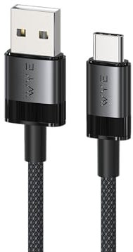 WYE Câble tressé USB-A vers USB-C de 60 W de charge/synchronisation rapide, 20 V-3 A, transfert de données haut débit 480 Mbit/s, coque PC + ABS, 1 m/2 m/3 m, noir et blanc (noir, 3 m)
