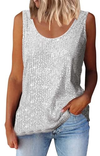 Tops Damen Glitzer Pailletten Tank Tops Oberteil Party Pailletten-Top U-Ausschnitt Pailletten ärmellos Tank-Top Sparkle Top Pailletten Trägershirt Blusen Metallic Top Shirt Elegant Ärmellose Weste