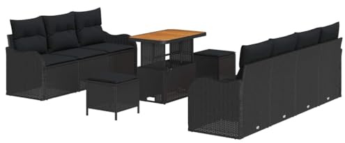 vidaXL Gartensofa-Set mit Kissen 10 pcs Schwarz Poly-Rattan, Garten- und Terrassen-modulares Sofa-Set, leichtes Rattanmöbel, UV-beständiger Outdoor-Sitz, Verstellbarer Esstisch