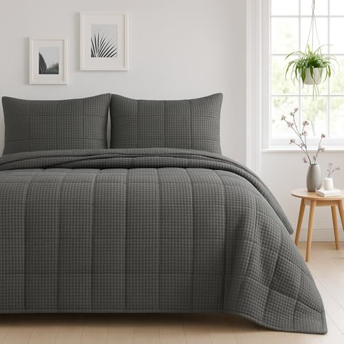 Velosso Waffle Weave Quilted 3-Piece Bedspread Set – 235x235cm Coverlet with 2 Pillow Shams – Plain Jacquard Throw Blanket Coverless Quilt – Lightweight & Breathable Comforter (Charcoal Gray)