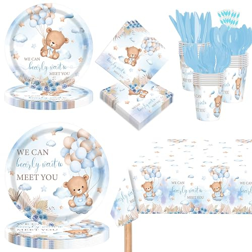 GalaHub Bear Baby Shower Decorations for Boy – 193 Pcs We Can Bearly Wait Party Supplies for 24 Guests, Includes Plates, Napkins, Cutlery, Tablecloth – Blue Bear Theme Baby Shower Decor
