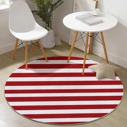 Waschbare Runde Teppiche 120 cm, Gestreift Amerikanische Flagge Muster Rutschfester Runder Läufer für das Wohnzimmer, Weiß Rot Weicher Niedrigfloriger Teppich für unter den Esstisch