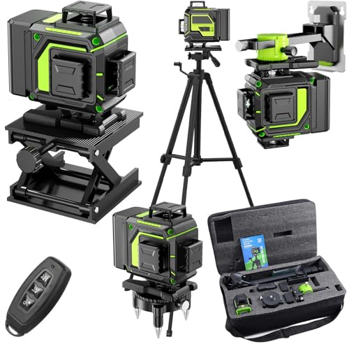 Niveau Laser Chantier Autonivelant 360° x 4 Avec trépied, Lazer Niveaux 4D 16 Lignes Laser, Mode Impulsion ExtéRieur, 2 x Batterie, Nivellement Automatique, Support Rotatif, Télécommande