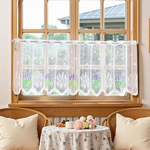 FOSDICK Scheibengardinen Modern Scheibengardine mit Lochleiste Gardinen Küche Landhaus Bistrogardine mit Blumen küchengardinen Transparent Fenstergardinen Vintage Vorhang Küche Weiß, BxH 153x48cm 1St