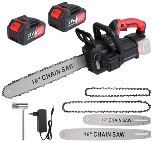 Bürstenlose Mini Kettensäge, 12-Zoll und 16-Zoll Kabellose Astkettensäge, Akku Kettensäge mit Automatischem Öler, 2 Akku, Handkettensäge Akku Säge zum Holzfällen, Baumbeschneiden