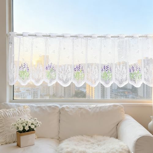 Simsky Scheibengardine Küche mit Lochleiste – Landhaus Bistrogardine Transparent mit Blumenmuster, Fenstergardinen Vintage Weiß (153x48cm) als Kurzgardine für Fenster & Bistro