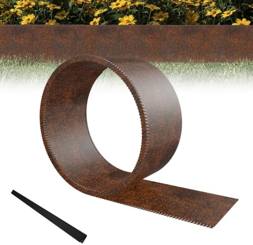 XMTECH Rasenkante Metall 10m Beeteinfassung verzinkt Gartenkante Rostfarben | Flexible Metall Rasenkante aus verzinktem Stahl, rostbeständig, stabiler Halt, einfache Montage für Beete, Wege & Kiesflächen