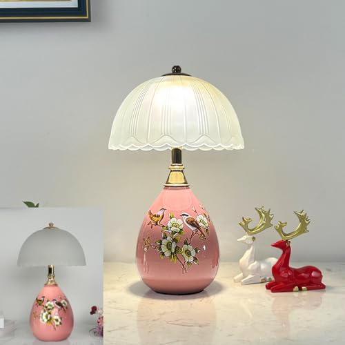 XINYASEE Vintage bemalte Keramik-Tischlampe mit Vogel- und Blumenmuster, Retro-Nachttischlampe mit mattiertem Glasschirm für Schlafzimmer, Wohnzimmer, Büro (erhältlich in Beige, Grün, Rosa) (Rosa)