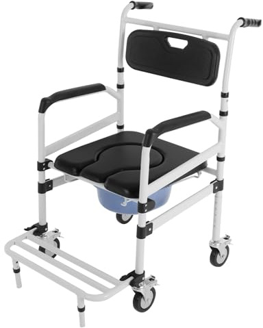 Silla de inodoro con ruedas y freno, silla de ducha plegable y ajustable en altura, silla de ducha con cubo de 10L, capacidad de carga 100kg, para personas mayores, cuidado de discapacitados