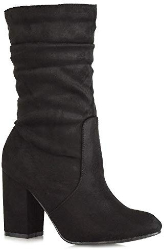 Womens Mid Calf High Heel Boots Ladies Pull On Winter Faux Suede Rouched Shoes Size 3-8
