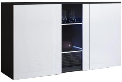 MB Muebles Bonitos | Sideboard | Wohzimmer Esszimmer Schrank Möbel | Breite 120 x Höhe 70 x Tiefe 45 cm | Glänzendes Melamin | 3 Türen | Hängendes Modell | Schwarz mit Weiß | Modell Luke A1