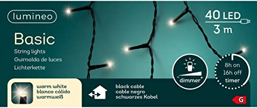 Lumineo Lichterkette Basic warm weiß - 40 LEDs - 3 Meter - schwarzes Kabel - Timer - dimmbar - IP44 Schutz