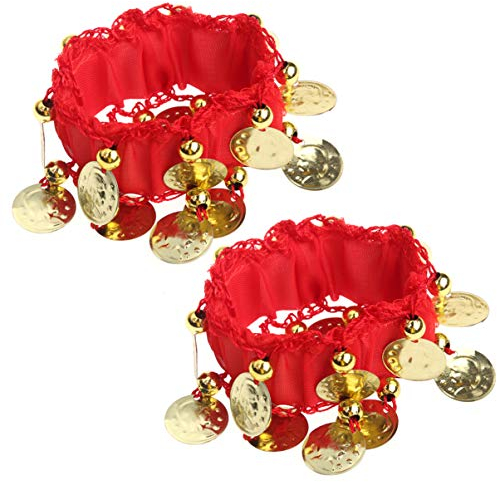 Healifty Bauchtanz Handgelenk Manschetten Chiffon Münze Knöchel Arm Armbänder Armband Tänzer Kostüm Zubehör für Damen Mädchen Frauen (Rot)