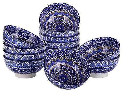 vancasso MANDALA 12-teiliges Porzellan-Schalen Set, blau böhmischer Stil Müslischale 650 ml (15 cm × 7,2 cm) - Dessertschale, Eisschale für Frühstück & Snacks, Spülmaschinen- & Mikrowellenfest