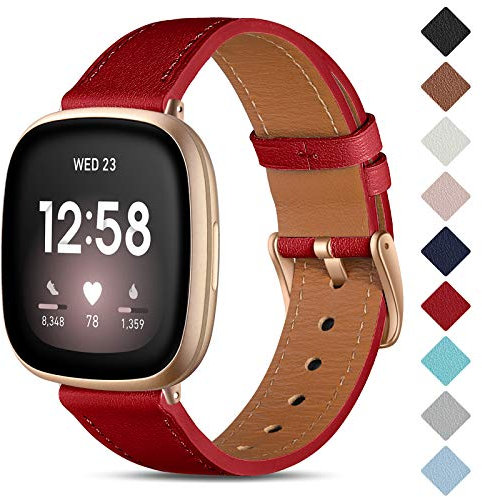 CeMiKa Leder Armband Kompatibel mit Fitbit Sense/Fitbit Versa 3 Armband, Original Lederband Ersatzband mit Edelstahl-Verschluss Kompatibel mit Fitbit Versa 3 Armband, Rot/Roségold