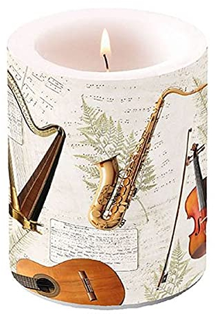 Ambiente - Luxury Paper Products Stumpenkerze Music 12cm Kerze Lampionkerze Deko Home Musik Instrumente Geige Gitarre Harfe Saxophon Trompete Frühling Sommer Weiß Creme Gold Braun Schwarz