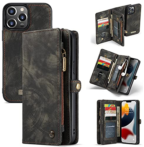 CaseMe Leather Flip Wallet Case for iPhone 13 Pro,Detachable Back Magnetic Closure 2-in-1 Shockproof Zipper Purse Cover with Card Slots (13 Pro, Black)