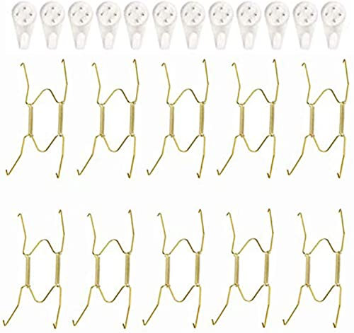 HirrWill 10 piezas de perchas chapadas, perchas de pared de 4 pulgadas y 12 ganchos de pared, compatibles con platos decorativos de 4 a 4.5 pulgadas, porcelana antigua, platos antiguos y obras de arte