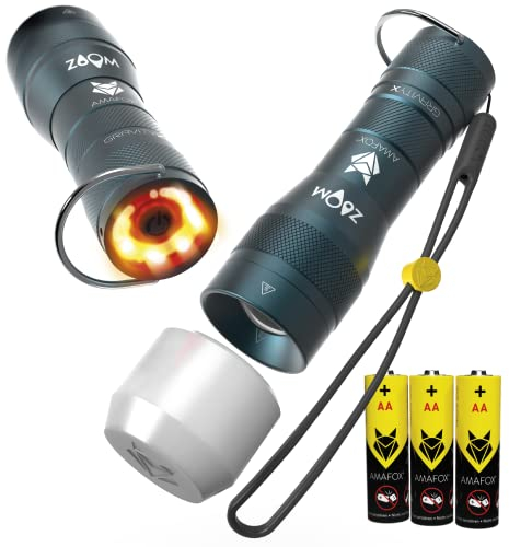 AMAFOX GX Backlight - AA Batteriebetrieben Notfall LED Taschenlampe - DIE INNOVATION, rotes Rücklicht + Diffusor - Petrolblau | Extrem Hell, dimmbar mit Zoom - inkl. 3x AA Batterien