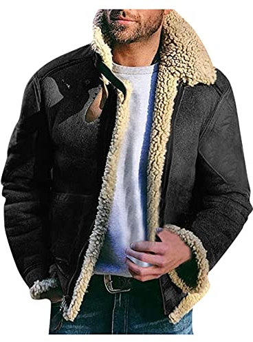 CHENYM Wildlederjacke Herren GefüTtert Lammfell GefüTtert Mit Stehkragen Bomberjacke Trucker Jeansjacke Mit ReißVerschluss Reverskragen Pelzmantel GefüTtert Motorradjacke Mit Teddy-Futter