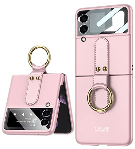 COQUE Custodia per Galaxy Z Flip 3 5G Cover, Pellicola Shell All-inclusive Custodia per telefono con supporto video ad anello, Cover pieghevole per Samsung Galaxy Z Flip 3 5G-Rosa
