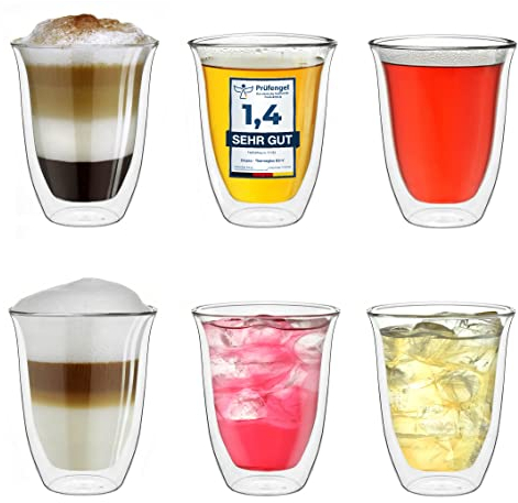 Creano doppelwandige Gläser 250ml „DG-V“, 6er Set, großes Thermoglas doppelwandig aus Borosilikatglas, Kaffeegläser, Teegläser, Latte Gläser, Doppelwandgläser