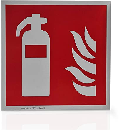 Betriebsausstattung24 Feuerlöscher Schild - Hart-PVC Folie langnachleuchtend & selbstklebend - Größe: 10 x 10 cm - Symbol Schild - DIN 67510 Klasse C - Leuchtdichte 150 mcd - Brandschutzschild