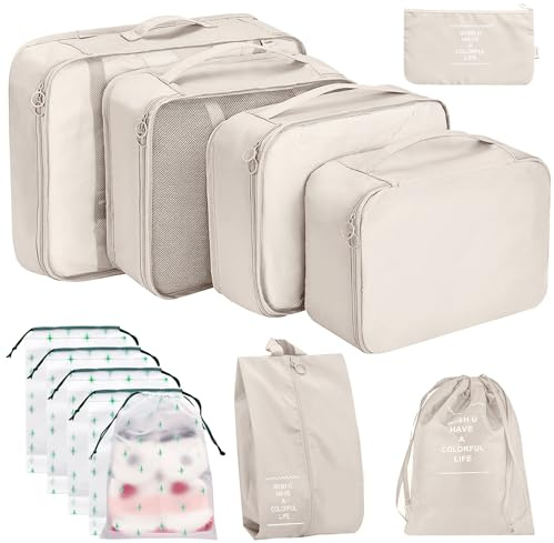 Reisewürfel für Koffer, Gepäck-Organizer mit 5 Kordelzugbeuteln, Koffer-Organizer-Tasche mit wasserdichter Schuhaufbewahrungstasche, Kompressionstaschen, Beige, 12 Stück