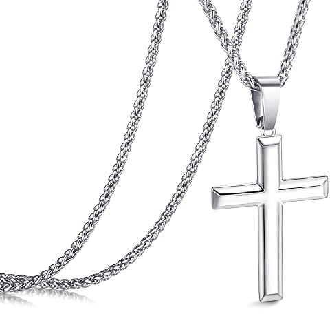 Roheafer 925 Sterling Silber Kreuz Kette Herren 2.5 mm Weizenkette aus Edelstahl Halskette Kruzifix-Anhänger 18K Weißgold Polierte Abgeschrägte Kante Kreuzkette Halskette für Herren Frauen 61cm